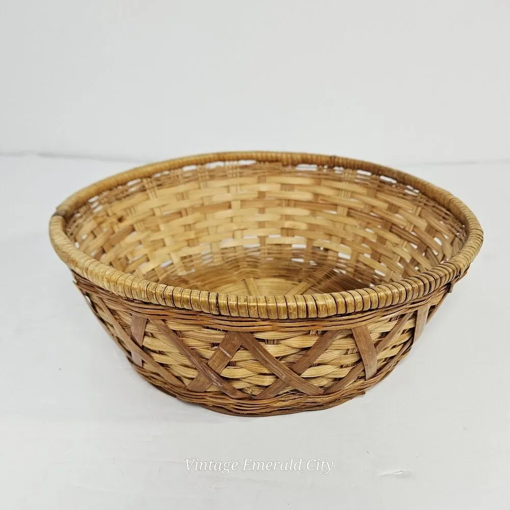 Vtg Round Open Woven Wicker Ratan Basket Catch All Bread Boho Decor MCM Handmade